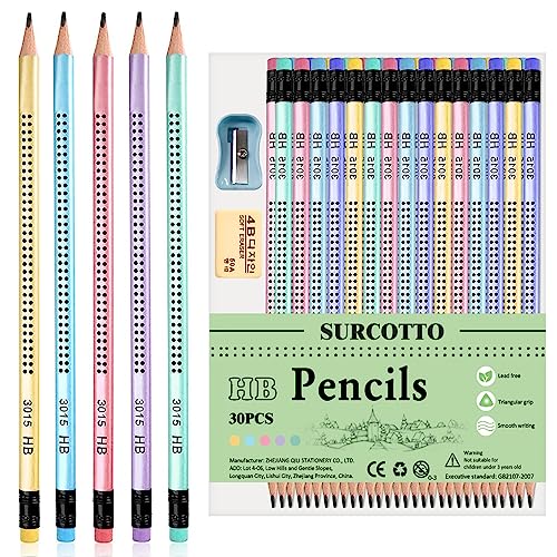 Surcotto Bleistifte HB, 30 Stk HB Bleistifte mit Radiergummi und Spitzer, vorgespitzte Dreiecksstifte zum Schreiben, Zeichnen in der Schule und zu Hause, Neue Verpakung
