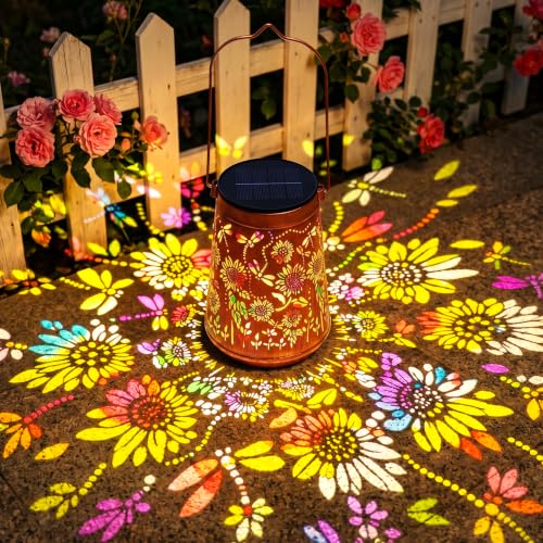 BUCASA Bunte Sonnenblumen Libelle Solarlampen für Außen Hängend Gartendeko