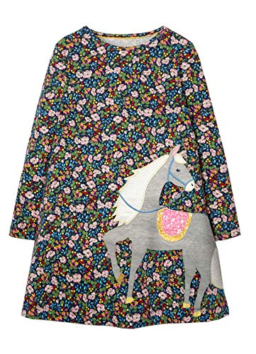 Beilei Creations Mädchen Kleider Baumwolle Karikatur Stickerei Casual Jersey Kleider Gr.85-130 (6Jahre/120cm, Blume)