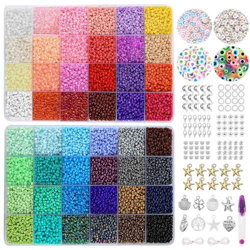 DIYDEC 18000 Stück Perlen für Armbänder, 48 Bunte Rocailles Set Mini Perlen zum Auffädeln Mit Buchstaben für Schmuckherstellung DIY Halsketten Handwerk