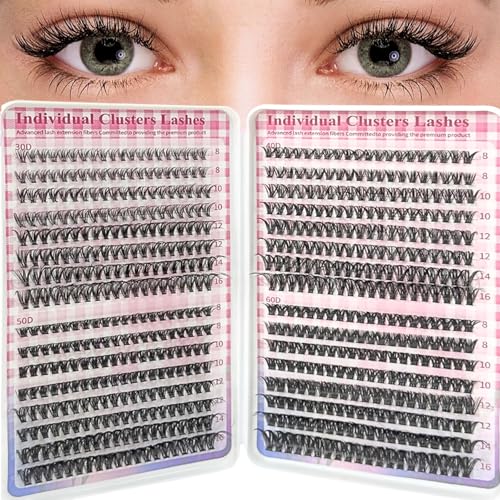 LUFFLOK Wimpern Cluster 640 Pcs, 30D+40D+50D+60D Lash Extension Set, Wimpernverlängerung 8-16mm D Curl DIY Cluster Wimpern Extensions Mega Volumen Wiederverwendbare Einzelne Fake Lashes