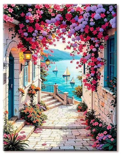 ShengDexin Malen Nach Zahlen Erwachsene Landschaft, Paint By Numbers Adult Mittelmeerstadt Leinwand Ölgemälde Set Malen Nach Zahlen Mit 3 - Pinseln und Acrylfarbe - Geschenkverpackung 40 x 50 cm
