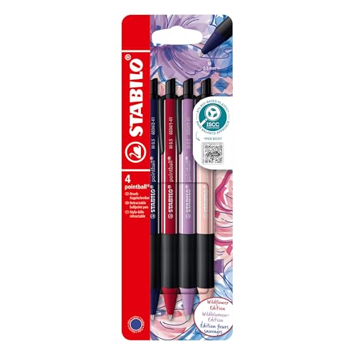 STABILO - Druck-Kugelschreiber - pointball NatureCOLORS Wildflower - 4er Pack - burgunderrot, preußischblau, grauviolett, rouge - Schreibfarbe blau