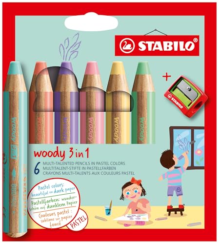 STABILO - Buntstift, Wasserfarbe & Wachsmalkreide - woody 3 in 1-6er Pack mit Spitzer - Pastellfarben