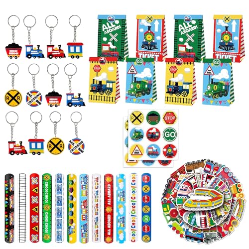 Yhjxly 86PCS Zug Party Mitgebsel, Zug Party Zubehör, Inklusive Zug Geschenktüten Schlüsselanhänger,Geschenktüten Slap Armbänder Schlüsselanhänger Aufkleber für Kindergeburtstag Tüten Verpacken