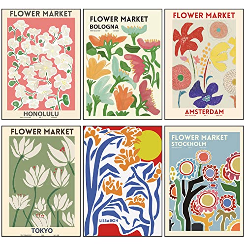 6Pcs Stilvolles Blumen Bilder Set Flower Market Poster Kunstdrucke A4 Moderne Wandbilder Vintage Wanddeko Ohne Rahmen Premium für Wohnzimmer Schlafzimmer Esszimmer…
