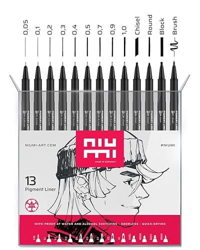 niumi Pigmentliner Professional Set 13-tlg. | 9 Fineliner 0.05-1.0 mm & 4 Spezialspitzen | dokumentenecht, wasserfest | für Outlines, Manga, Skizzen, Lettering, techn. Zeichnen | schwarz