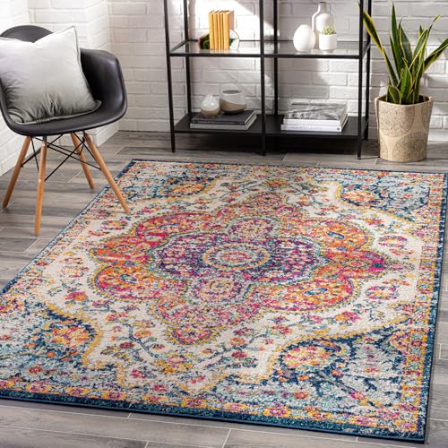Surya Rabat Vintage Teppich groß - Teppich Wohnzimmer 160x230cm, Esszimmer, Schlafzimmer - Orientalischer Teppich Boho Style - Carpet Living Room, Bunter Muster, Fuchsie, Gebranntes Orange, Senfgelb