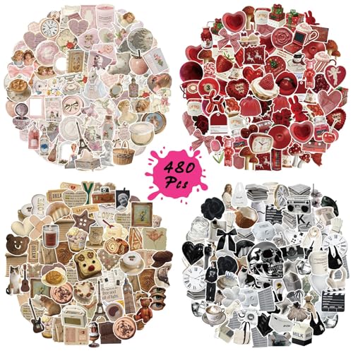 480 Stück Vintage Sticker Set, Ästhetische Aufkleber in 4 Farben – Rosa, Rot, Braun & Schwarzweiß – für Scrapbooking, Laptop, Tagebuch, Wasserflasche, DIY Dekoration