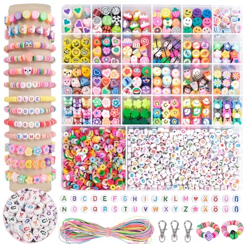 RUBY 1800pcs Perlen zum Auffädeln Kinder, DIY Perlen für Armbänder mit deutschen Buchstaben, Selber Machen Basteln Perlen Set Halsketten Kunst Handwerk Geburtstagsgeschenke Spielzeug für 5-12 Jahre