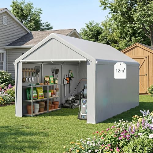 YARDIN Lagerzelt Carport 3x4 m in Grau Gerätezelt wasserdicht Gartenhaus Stahlrahmen verzinkt Garten Aufbewahrung Zelt Unterstand für Auto Motorrad Lager Garten
