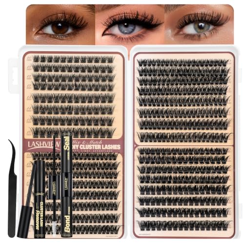 LASHVIEW Cluster-Wimpern-Set,Wimpernbüschel mit Kleber, Entferner und Wimpernpinzette, Volume-Cluster-Wimpern-Set, D-Curl-Wimpernverlängerungen für die Eigenanwendung zu Hause, 10–16 mm