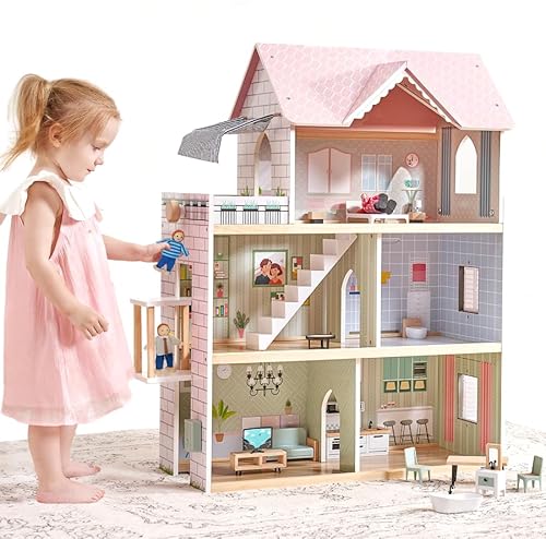 Giant bean Puppenhaus Holz, 80 cm Hoch, mit Aufzug, Türklingel, Licht, 15 Möbelstücken und 3 Puppen, Spielzeuggeschenk für Mädchen im Alter von 3+ Jahre (pink)
