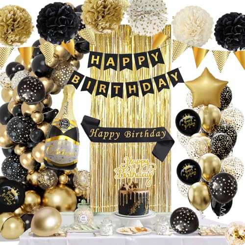 Geburtstagsdeko Schwarz Gold Party Deko Geburtstag Set mit Happy Birthday Banner Konfetti Luftballons Geburtstag Schärpe Lametta Vorhänge Pompons für Mann Frauen
