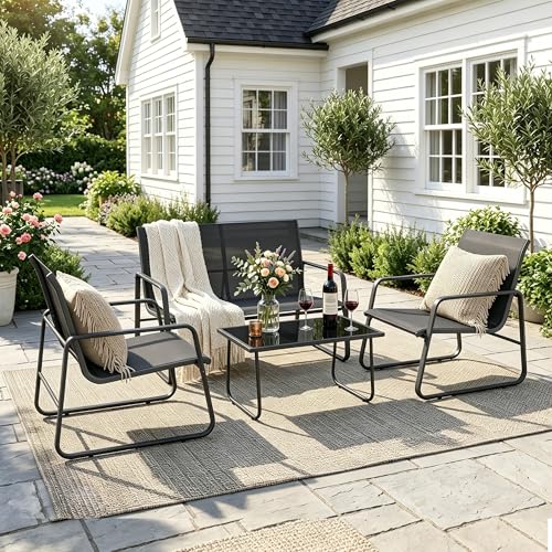 2026 Aufwertung 4-teiliges Garten Terrassen-Sitzset, Außenmöbel-Set mit Zweierstuhl, Zwei Einzelsitze, Tisch aus gehärtetem Glas, atmungsaktives Textilene und Stahlgestell für Balkon Terrasse Garten