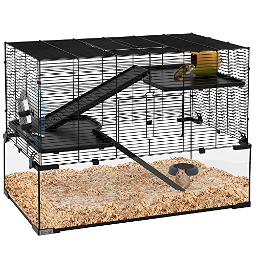 PawHut Hamsterkäfig, Nagetierkäfig, 3 Ebenen mit Rad, Rampen, Häuschen, Tränke, Futternapf, 76,5 x 48,5 x 54,5 cm (L x B x H), Schwarz