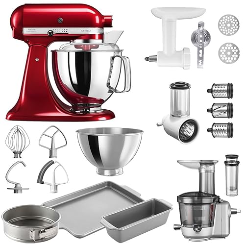KitchenAid Artisan Küchenmaschine, 4,8 Liter, inkl. Zubehör, Fleischwolf, Gemüseschneider, Entsafter-Vorsatz, Backset 2 Backformen 1 Backblech Mega-Winter-Set