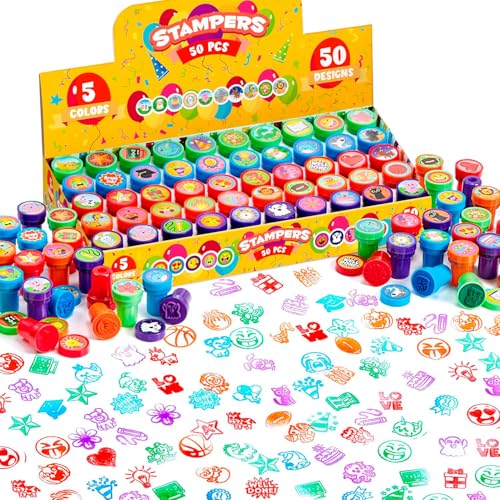 JOYIN 50 Stück mini Stempel Kinder ab 2 Jahre-5 Farben, 50 Designs Kinder Stempel für Mitgebsel Kindergeburtstag, Stempelset Kleine Geschenke für Kinder, Weihnachten Halloween Gastgeschenke