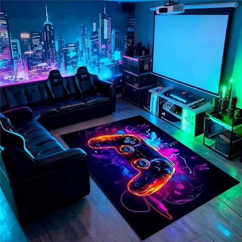 Komergave Gaming Teppich, rutschfest Kristall-Samt Gamer Teppich, Neon Farben Gaming Zimmer Deko für Jungen, Jugendzimmer Deko Jungen Design eines Spielcontrollers, 80x120cm