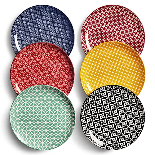 DOWAN Speiseteller 6er Set, Ø 21,5 cm Porzellan Dessertteller und Salatteller, Servierteller für Vorspeisen, Frühstücks, Kuchen, Snacks, Mikrowelle, Backofen und Spülmaschine-Leuchtenden Farben