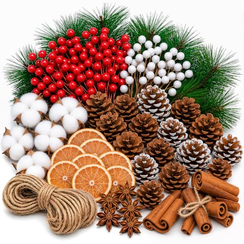 206 Stück Adventskranz Deko, Weihnachtsdeko Basteln Innen Tisch Weihnachten | mit Zimtstangen, Tannenzapfen, Getrocknete Orangenscheiben, Sternanis, Tannenzweige, Getrocknete Baumwolle für Weihnachts