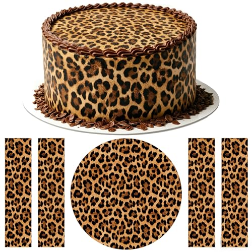 JJFtop Essbare Tortendeko Set - Essbare Kuchendeko Leopard Muster, Tortenaufleger Personalisiert & Tortenband für Damen Geburtstag - Fondantpapier Deko für Animal Fans (4x Band + 1x Ø20cm Aufsatz)
