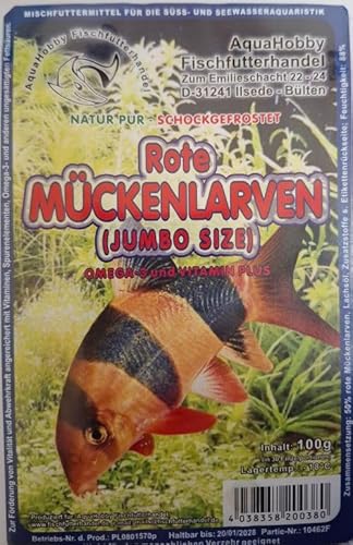 Rote Mückenlarven Jumbo 100 g – Premium Frostfutter für Zierfische | Extra große Larven | Hochwertiges Protein-Futter für Cichliden, Barsche, Großfische & Kaltwasserfische | 100 g Blister (10x100Gr)