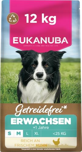 Eukanuba Hundefutter getreidefrei mit frischem Huhn für kleine und mittelgroße Rassen, Premium Trockenfutter ohne Getreide für ausgewachsene Hunde, 12 kg