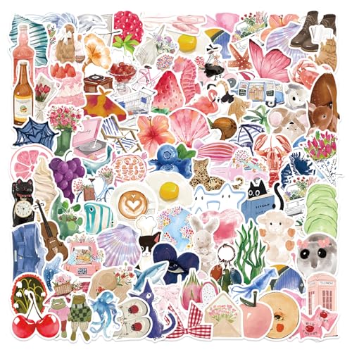 100 Stück Ästhetische Sticker Set - Sommer Watercolor Aufkleber, Vinyl Wasserdichte Sticker für Laptop, Trinkflasche, Tagebuch & Mehr (2-3.5 Zoll, Knitterfrei, Sonnenbeständig)
