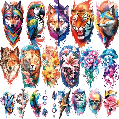77 Blatt Temporäres Tattoo, 17 Blatt halber Arm Blume Löwe Tiger Katze Eule Papagei Gefälschte Tattoos für Erwachsene Schulter Hals, 60 Blatt Kleine Temporäre Tattoos für Frauen Männer Mädchen Jungen