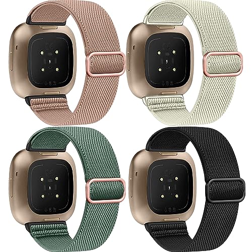 Zspoly 4 Stück Stretch Nylon Armbänder, Kompatibel Mit Fitbit Versa 4/3, Sense 2/Sense - Einstellbare Weiche Woven Übung Armband für Männer und Frauen