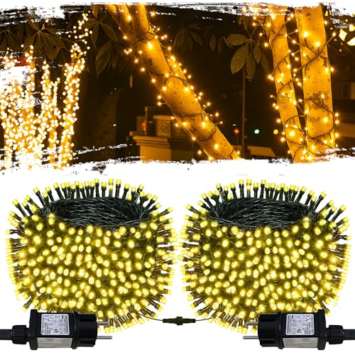 [2 Stück] 22M 200LED Lichterkette Außen, Insgesamt 44M 400 LED Warmweiß Lichterkette Led Innen Strom mit Timer Speicherfunktion, Dunkelgrünes Kabel, Wasserdicht 8 Modi für Garten Baum Weihnachten