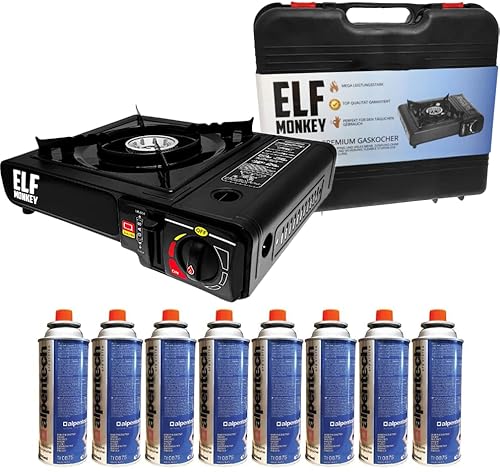 Elfmonkey Campingkocher | Gaskocher inkl. Gaskartuschen | Gasherd mit Tragekoffer: Mit 8 Gaskartuschen