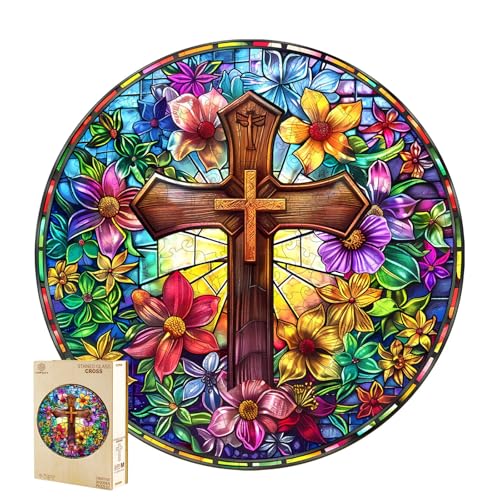 Jigfoxy Holzpuzzle für Erwachsene, Buntglaskreuz Holz Puzzle, einzigartiges Tierpuzzle aus Holz, Geschenk zu Weihnachten für Familie und Freunde, L-34 * 34cm-300Teile