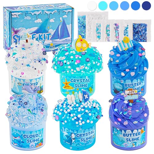 LAWOHO 6 Stück Farbverlauf Blau Slime Set enthält Fluffy Cloud Wolkenschleim, Clear Slime & Butter Schleim, Schleim Kinder Party Geschenk, Geburtstag Weihnachten Geschenk für Mädchen & Jungen(Ozeane)