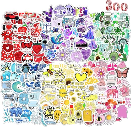 Aufkleber 300 Stück Schöne Bunt Sticker Set, Wasserfest Vinyl Stickers für Laptop Scrapbooking Journaling Handy Skateboard Notebook Macbook Gitarre Tagebuch Trinkflaschen Koffer Trolleys Scooter usw