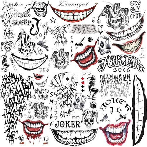 COKTAK 6 Blatt 3D Joker Temporäre Tattoos Herren Damen Klebetattoos Erwachsene, Festival Must Haves Halloween Make UP Kostüm Schminke, Halloween Gesichtstattoos Fake Tattoo Zum Aufkleben Frauen Männer