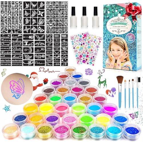 Glitzer-Tattoo-Set für Kinder, 36 Farben, 182 Schablonen, 215 Strasssteine