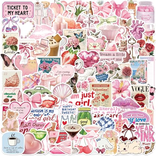200 Sticker Coquette Vintage Rosa, Ästhetische Retro Coquette Aufkleber für Wasserflasche Laptop Scrapbook, 200 Unique Designs Wasserdichte Vinyl Sticker Set für Mädchen Geschenk