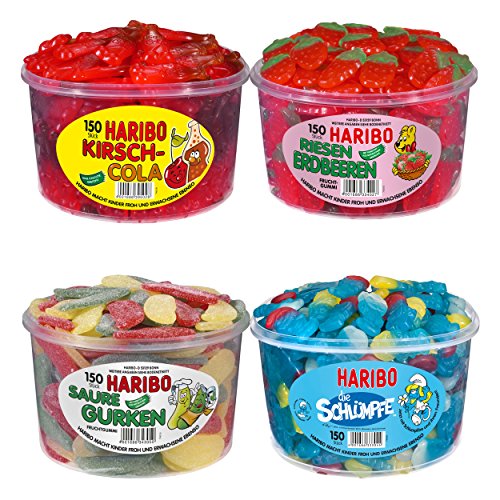Haribo Set bestehend aus Kirsch-Cola, Riesen-Erdbeeren, Saure Gurken und Schlümpfe, je 1 Runddose