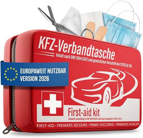 HELDENWERK KFZ Verbandstasche nach aktueller Norm 2026 - Europaweit Nutzbar - Erste Hilfe Set Auto Verbandskasten DIN 13164:2022 (StVO konform)