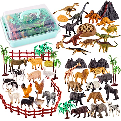 TOEY PLAY 3 in 1 Tiere Figuren Spielzeug, Bauernhof Spielzeug, Safari Wildtiere, Dinosaurier Figuren, Mini Tierfiguren mit Portable Koffer, 56 Stück, Geschenk für Kinder Jungen Mädchen ab 3 Jahre