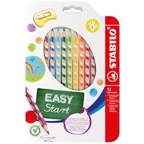 STABILO - Ergonomischer Buntstift für Linkshänder - EASYcolors - 12er Pack mit Spitzer
