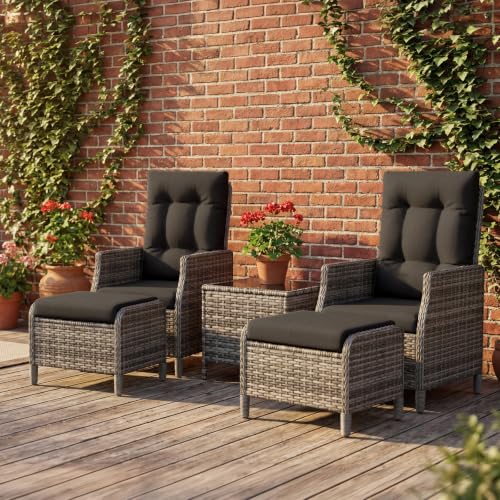 UDPATIO Rattan Gartenmöbel Set 5-teilig mit Verstellbaren Sessel, Fußhocker und Couchtisch | Lounge Möbel Outdoor Set | Balkonmöbel Kleiner Balkon | Wetterfest Terrassenmöbel | Schwarz