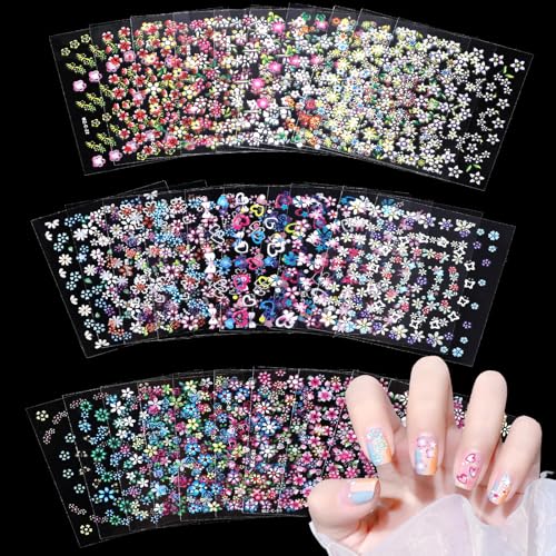 3D Nagelsticker 30 Blatt Nagelsticker Selbstklebend Blumen Blumenherzform Nageldesign Nail Sticker Nageldesign Zubehör Nagelaufkleber für DIY Dekorationen, Maniküre, Handyhüllen