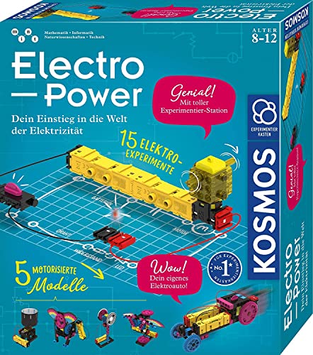 KOSMOS 620707 Electro Power – Einstieg in die Welt der Elektrizität, Amazon Exklusiv, Technik Experimentierkasten für Kinder ab 8 Jahre, Elektronik Baukasten mit 5 motorisierten Modellen