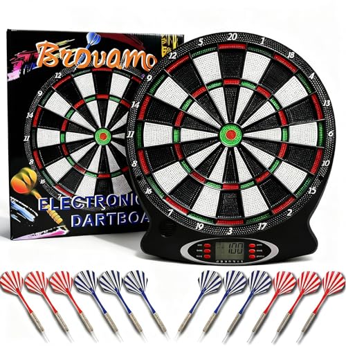 Brovamo Dartscheibe Elektronisch, Elektronische Dartscheibe mit 12 Dartpfeile & 30 Ersatzspitzen, E Dartscheibe mit Stimme & LCD-Display, Dart Scheibe Batteriebetrieb, Elektrische Dartscheibe
