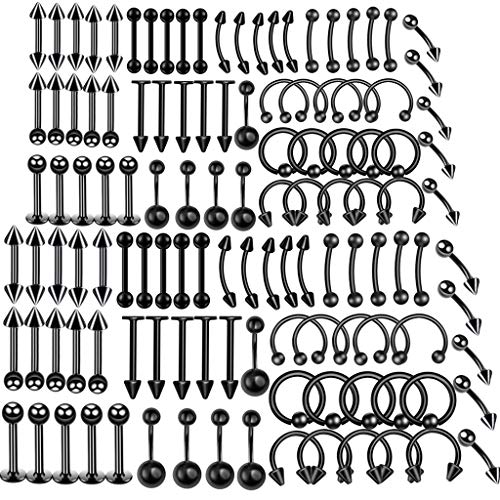 Schwarz Piercing Set damen herren 120x Edelstahl Mix Körperschmuck Studs Barbells schwarz Bananabells für Ohr Lippe Nase Zunge Bauchnabel Augenbrauen Nippel schwarz Piercing Ring Punk 1.2*8mm,1.2*10