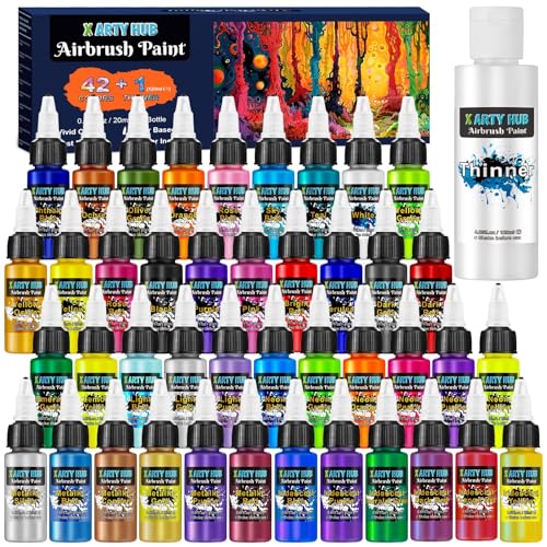 X ARTY HUB Airbrush Farbe - 42 Farben mit 120 ml Verdünnern, Schillernde, Neonfarbene und Metallische Airbrush Farben Acryl, Gebrauchsfertig, Wasserbasiertes Airbrush-Malset für Künstler und Anfänger