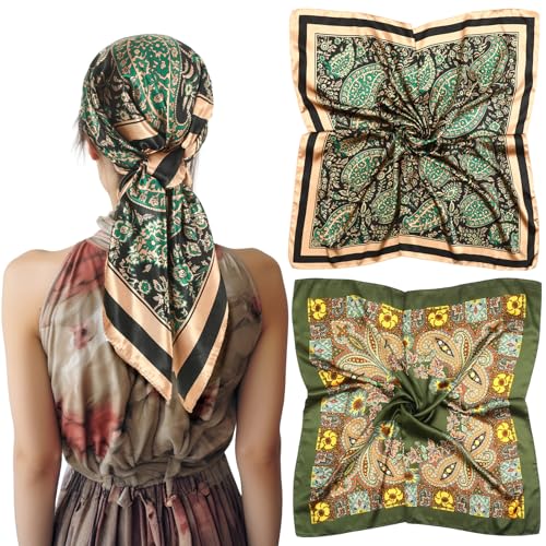 Apricitie 2 Stück 90x90cm Große Bandana Damen 2 Stile Halstuch Damen Retro Silk Scarf Schals & Tücher für Damen